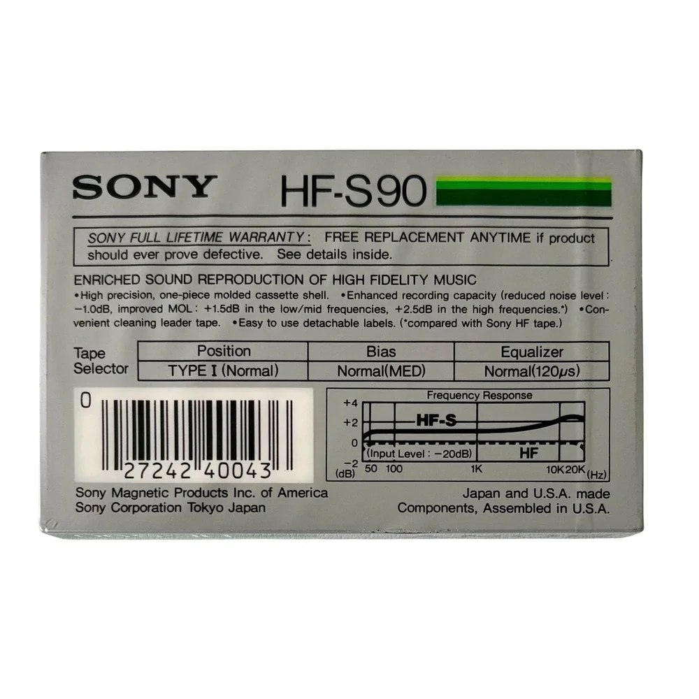 Sony HF-S90 High Fidelity Music Blank Cassette Tape Type I Normal 90 Min Sealed